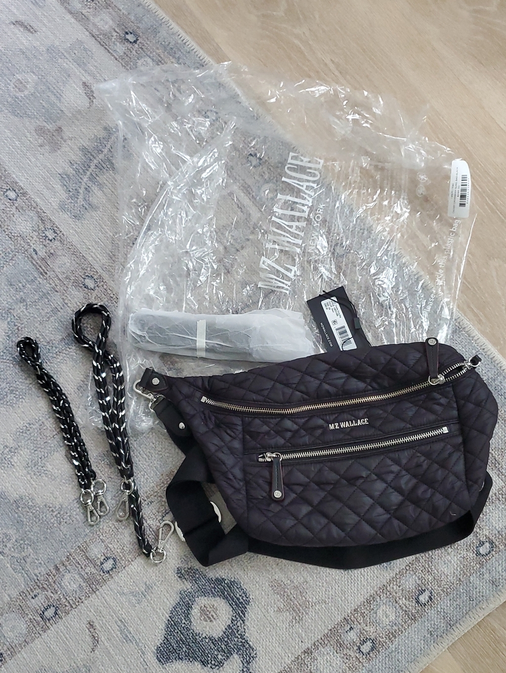 MZ Wallace Quilted Crosby Sling Crossbody Belt Bag Black Silver